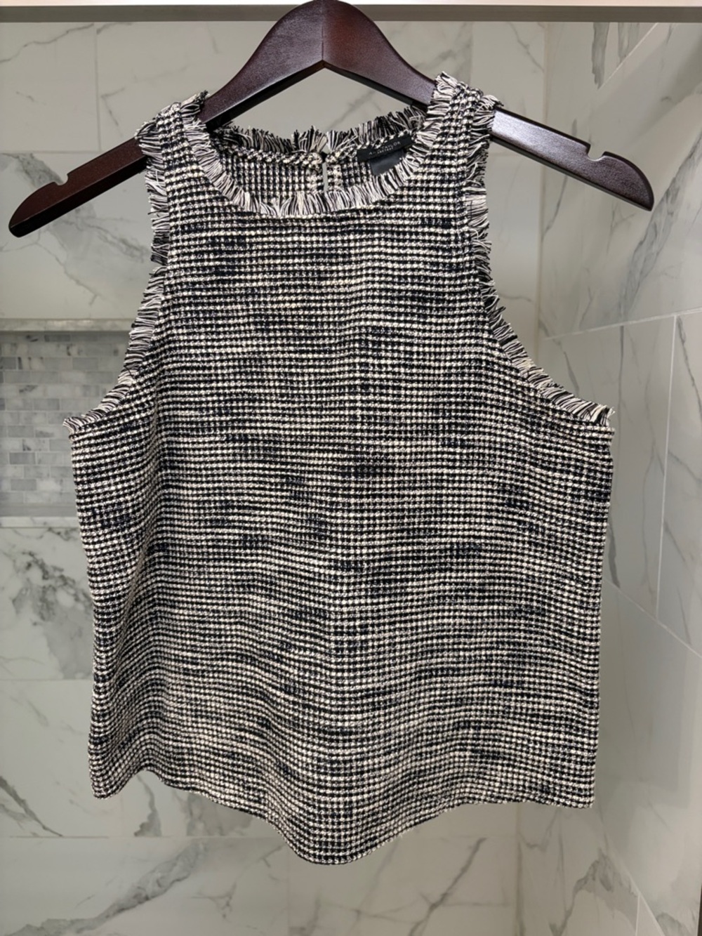 Ann Taylor Black and White Houndstooth Frayed Sleeveless Tank